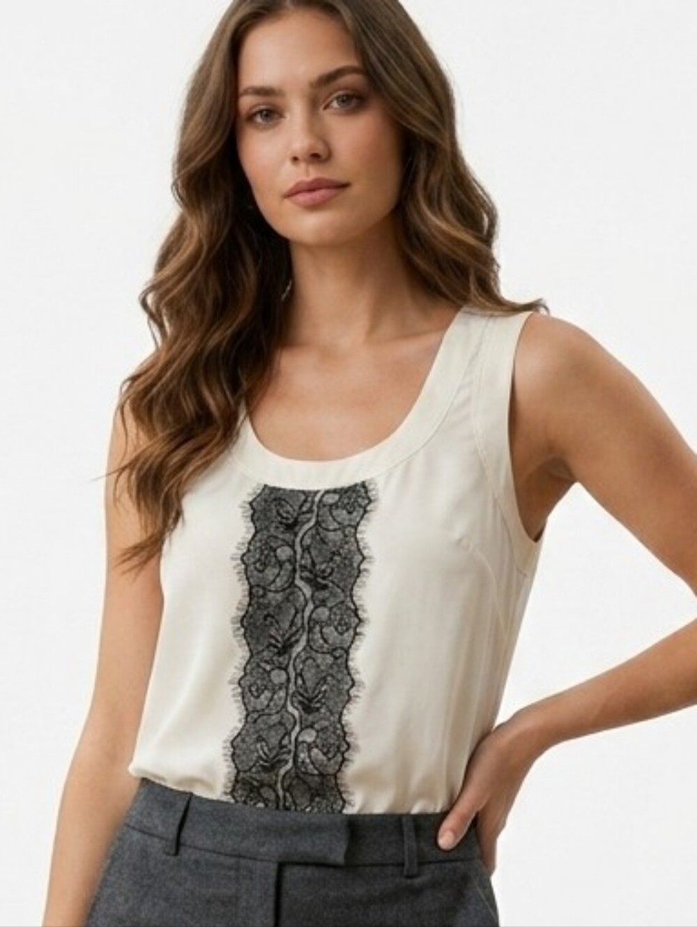 Banana Republic NWT Silk Lace Front Tank Top Ivory Cream Black Size XS